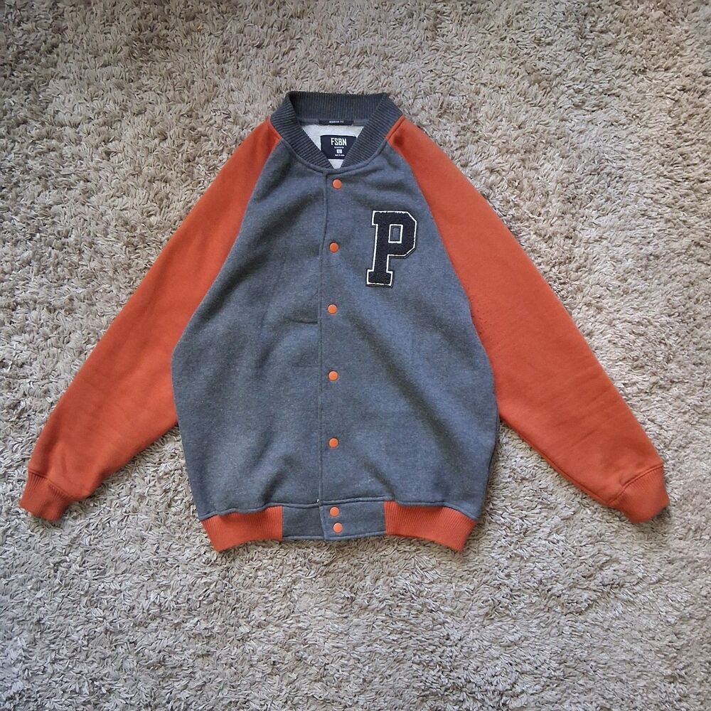 FSBN Letterman Varsity Snap Button Jacket Orange Grey Colorblock Unisex Size L